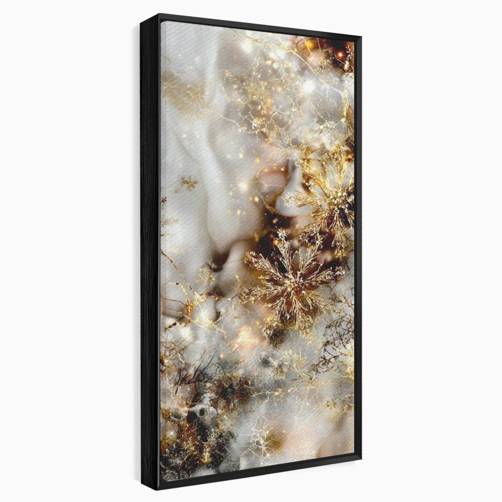 Tablou canvas cu tablou canvas cu fulgi de zapada aurii, in rama de aluminiu negru